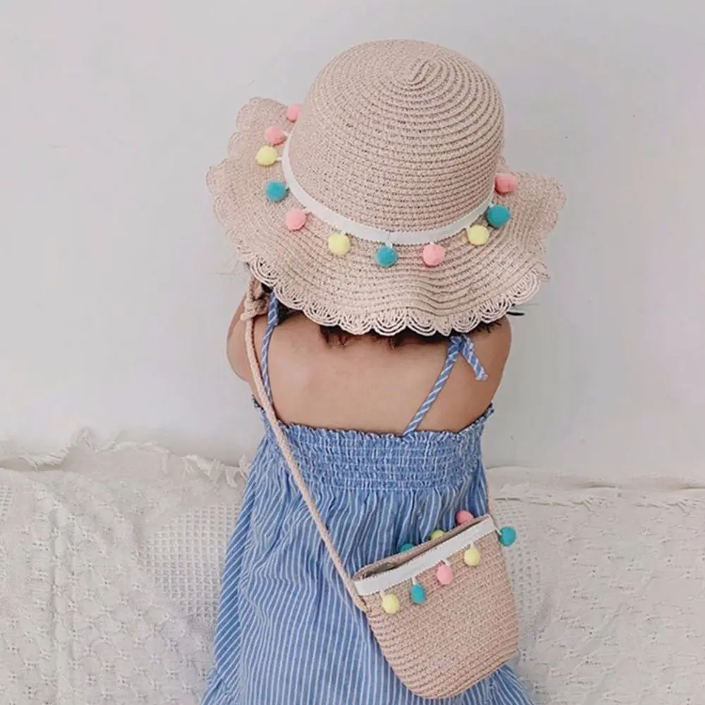 Fashion Large Sun Protection Pompom Ball Colorful Floppy Beach Hat Handbag Bucket Cap Straw Woven