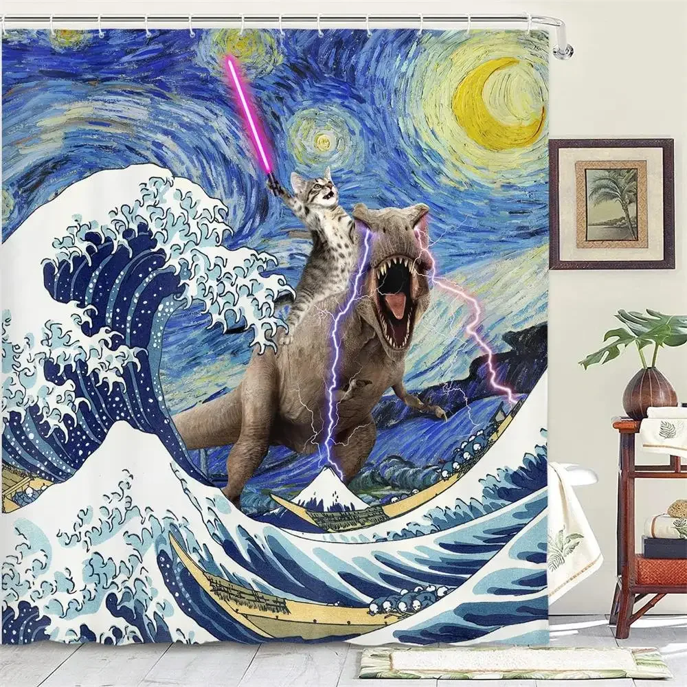 Funny Cat Dinosaur Shower Curtain Fishing Japanese Ocean Wave Rustic Wood Farmhouse Fabric Kids Bath Curtains for Bathroom Decor 5