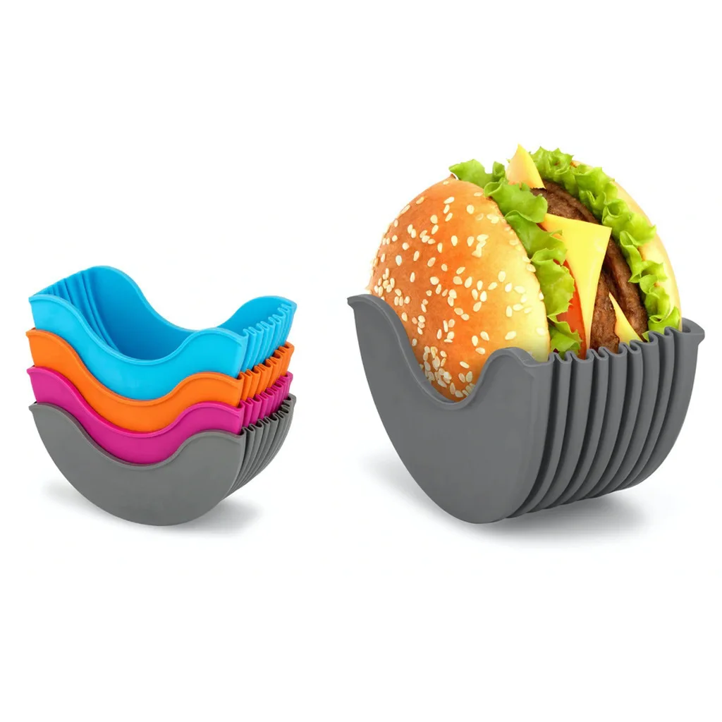 Silicone Burger Holders Reusable Sandwiches Holder Box Beef Press Patty Mold Hamburger Bun Shell Kitchen Tool BPA-Free Dishwash