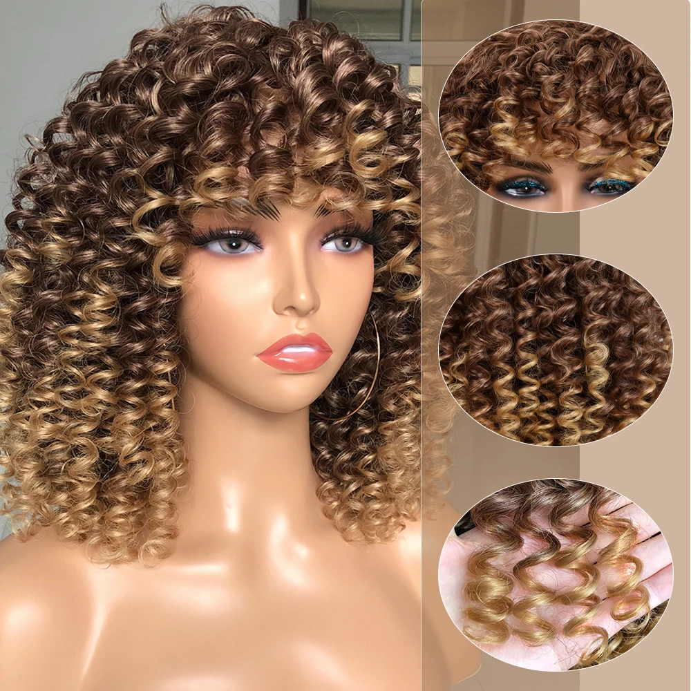 Capelli corti parrucche ricci Afro crespi con frangia per le donne nere soffice sintetico Ombre Glueless Cosplay naturale evidenziare parrucca bionda