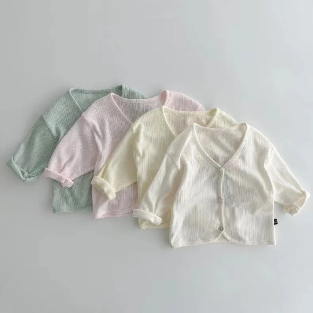  긴팔 코튼 가디건, 얇은 통기성,  소녀 자외선 차단 재킷, 소년 귀여운 곰 프린트 코트 의류, 2025 여름 신상