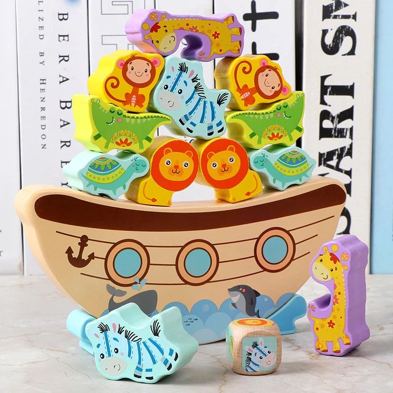 Wooden Stacking Toys Montessori Animal Stack Balance Game Wooden Marine Life Throwing Dice Stacking Building Blocks Balance Training Educational Toys