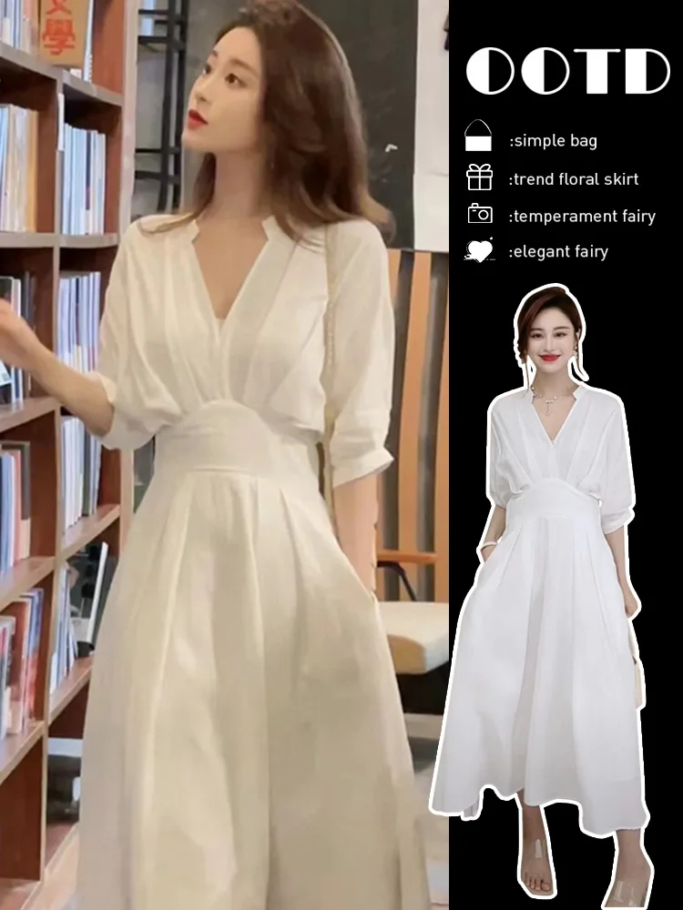 

S-3XL French White Shirt Dress Women's Summer New V-Neck High Waist Sweet Korean Version Simple Commuter Fairy Style Long Dress