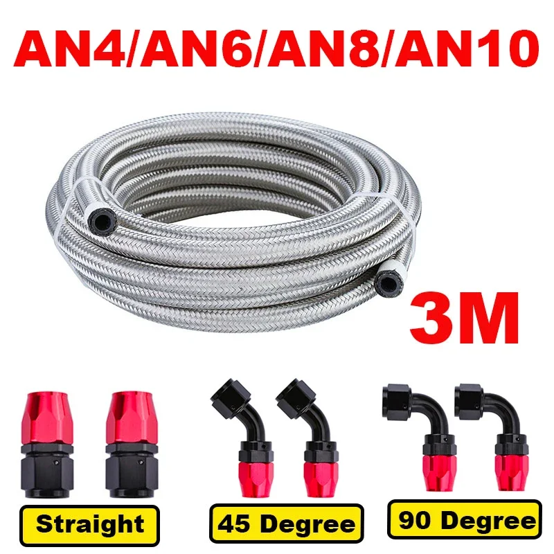 

10FT 3M AN4 AN6 AN8 AN10 Stainless Steel Braided CPE Rubber Fuel Hose Line 0/45/90 Degree Hose End Fitting Adapter Hose Line Kit