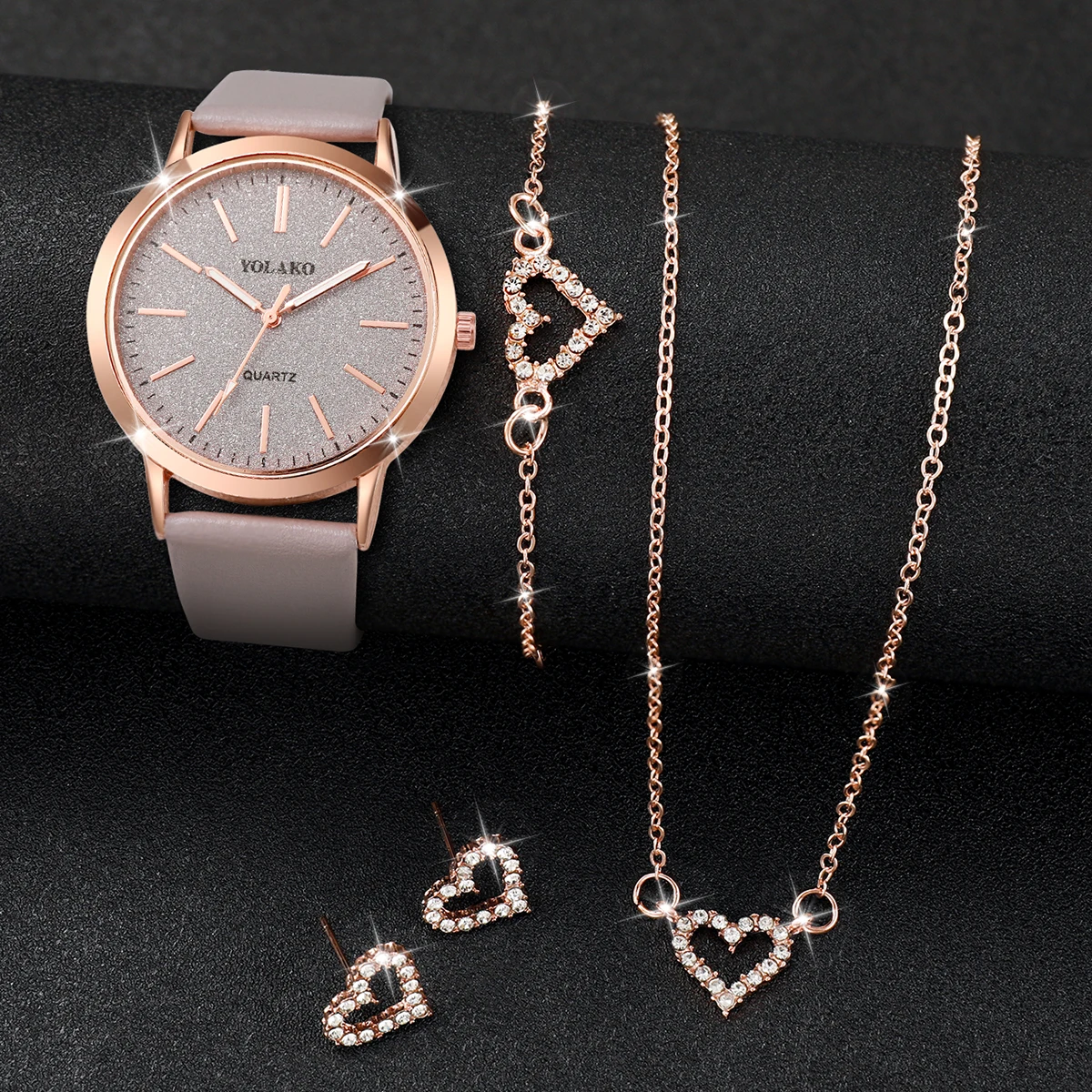 5pcs/set Fashion Women Leather Strap Quartz Watch and Love Heart Jewelry Set 2