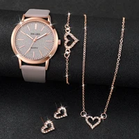 5pcs/set Fashion Women Leather Strap Quartz Watch and Love Heart Jewelry Set 2