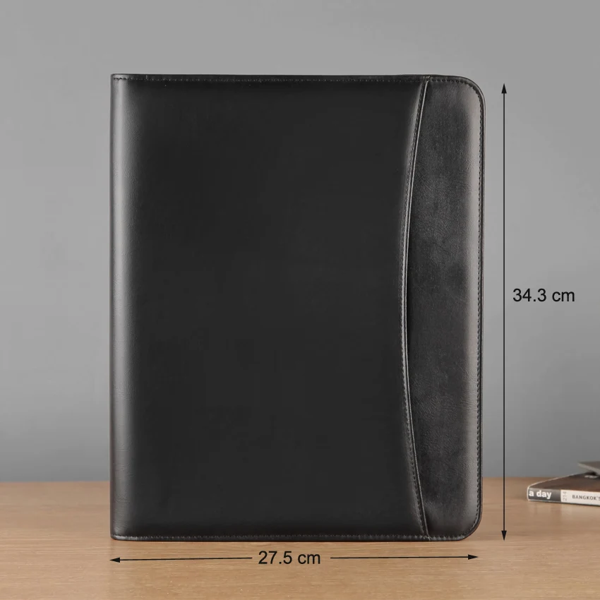 A4 leather document zipper bag black organizer bags men's manager bag briefcase for documents padfolio file zipped folder 1179B
