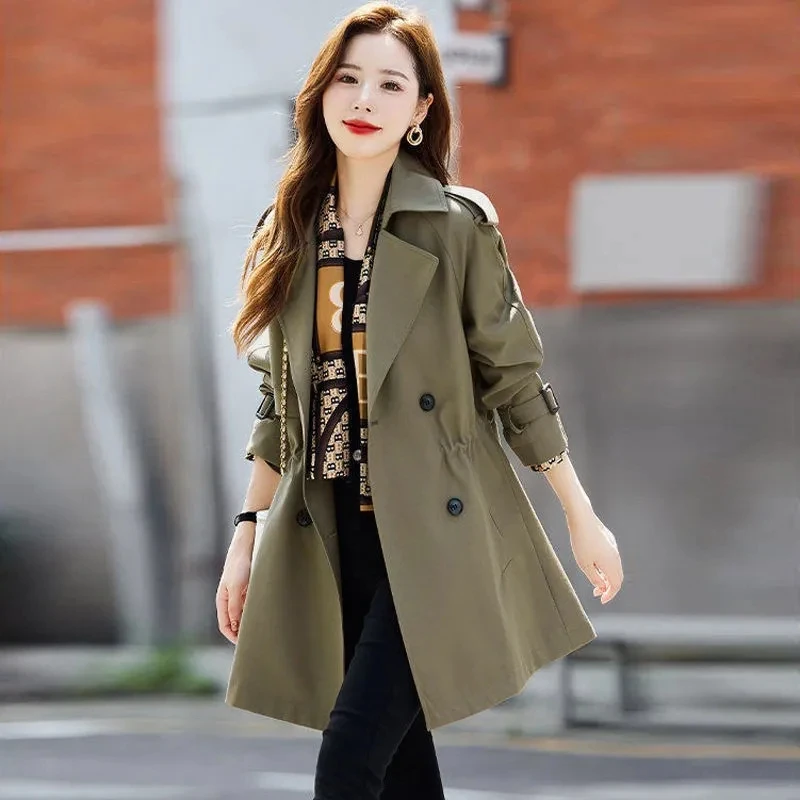 

Elegant Slim Trench Coat Women Mid Length 2024 Spring Jacket Lined Plus Size Office Lady Windbreaker Long Sleeved Top Outerwear