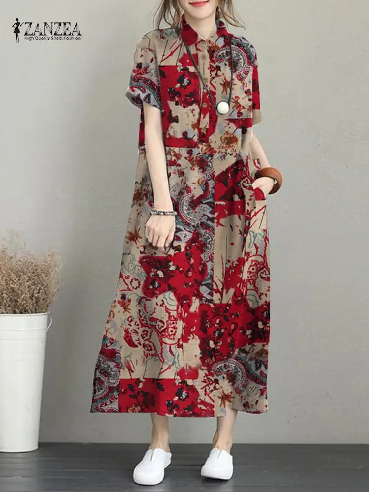 

ZANZEA Fashion Floral Printed Sundress Summer Casual Party Dress Woman Cotton Lace-Up Dresses Elegant Short Sleeve Lapel Vestido