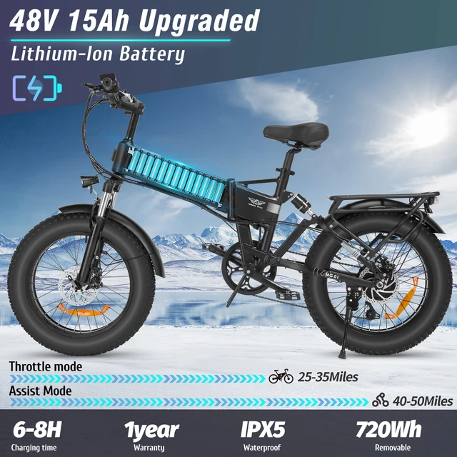 H20 전기 자전거, 접이식 야외 및 산악 자전거, 스노우 Ebike, 15AH 배터리, 60km 이상의 주행 거리