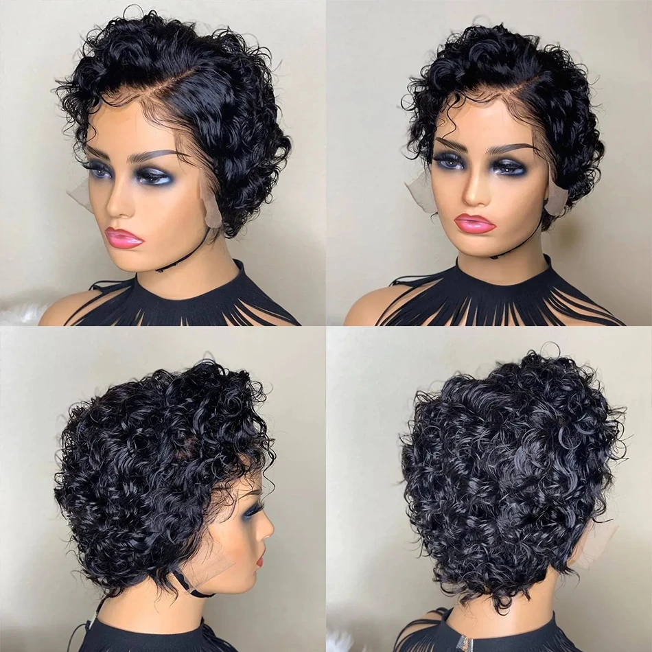 Human Hair 13X4X1 Lace Front Wigs Water Wave Short Curly Pixie Cut Pre Plucked For Women Natural Looking For Daily Use