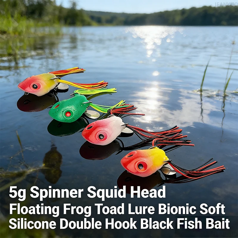 5g Topwater Frog Fishing Lure Floating Soft Toad Bait Squid Head Spinner Double Hook Snakehead Bass Weedless Tackle Frogbait Set - 3