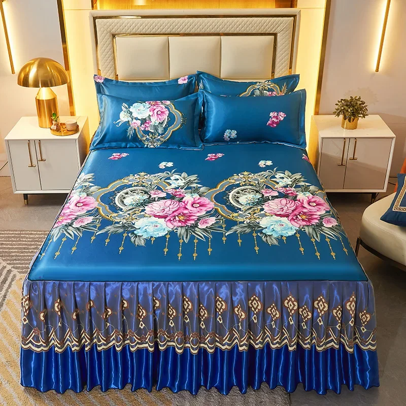 

3Pcs Bedding Classic Modern Luxury Sheets Bed Lace Royal Blue Bedspread on sale Bed Skirt Elastic Band Washable Bed linens
