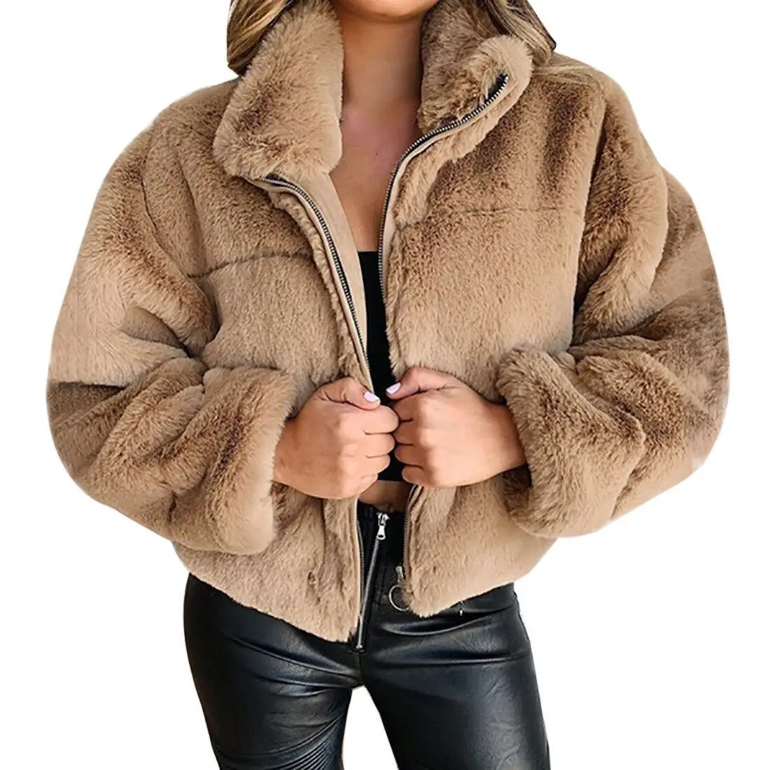 2024 Autumn Winter Double-sided Fur Coat Women Faux Rabbit Hair Short Jacket Thicken Soft Fluff Outerwear Female Loose Zip Tops