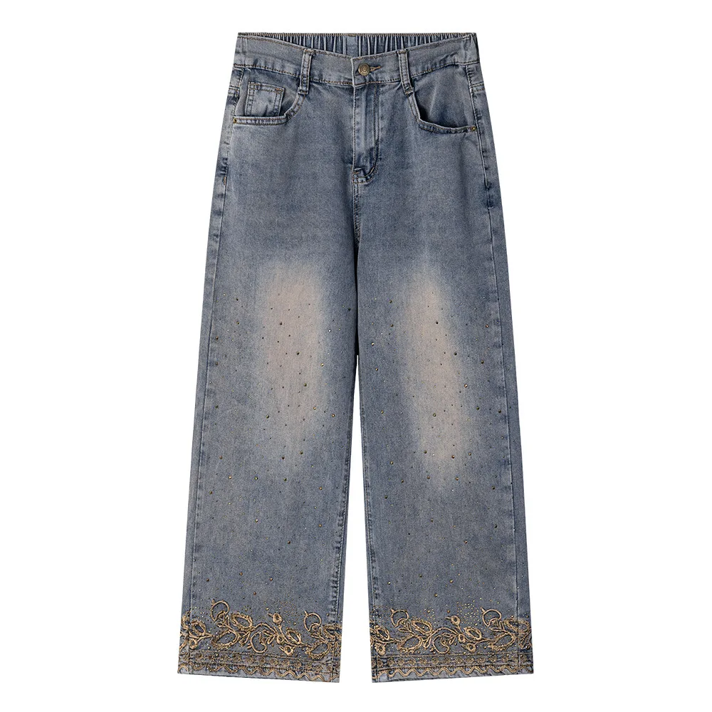 Jean droit taille haute extensible pour femme grande taille, style rétro avec broderie strass, pantalon capri pour femmes courbes, été 2026 - 2619