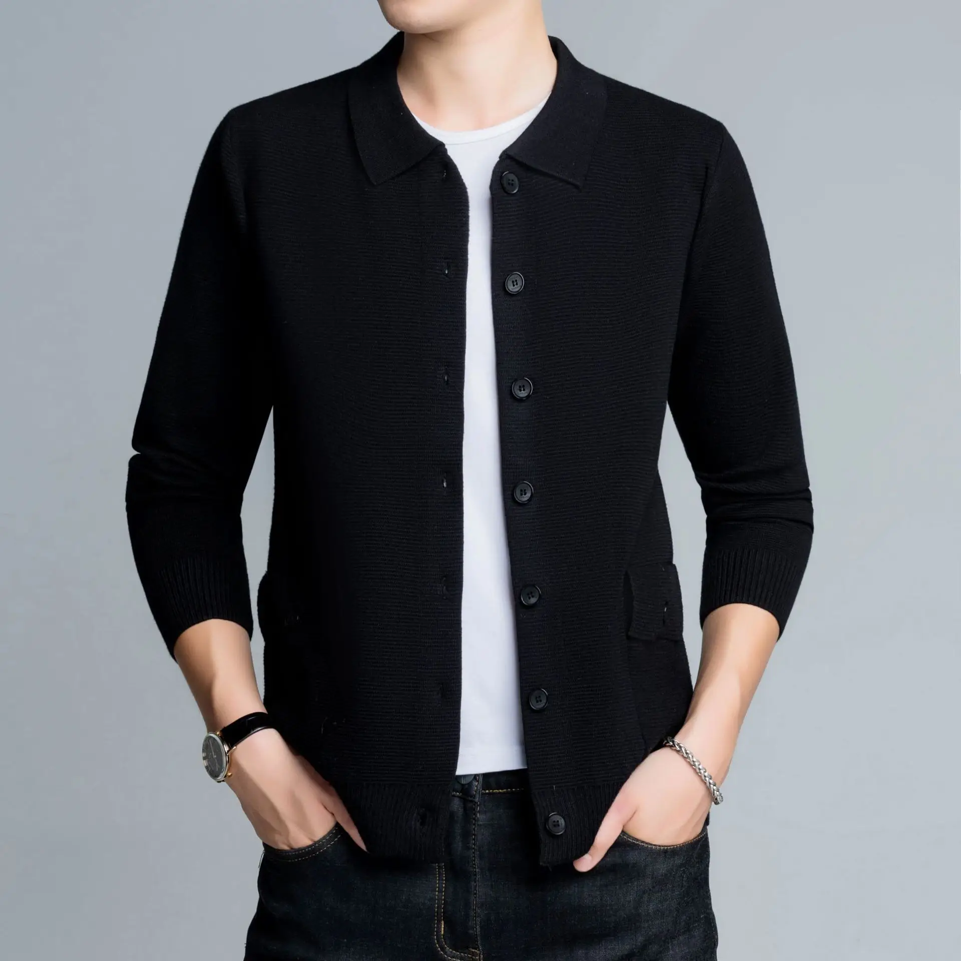 

Casual Men's Wool Cardigan Knitting Lapel Single Breasted Solid Pocket Decor Stretchy Breathable Male Quality Sweater