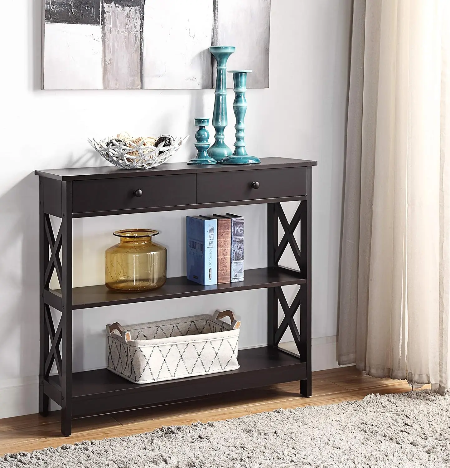 

Finish 3-Tier Console Sofa Entry Table with Shelf/Two Drawers Linlamlim pillow cover