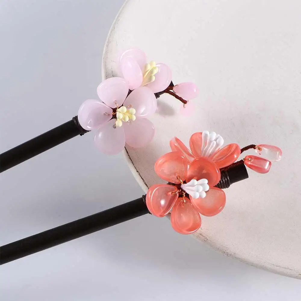 1 Pcs Flower Handmade Glass Hairpin Clips Wooden Hair Fork Chinese Hanfu Dress Hair Sticks Decorative Jewelry