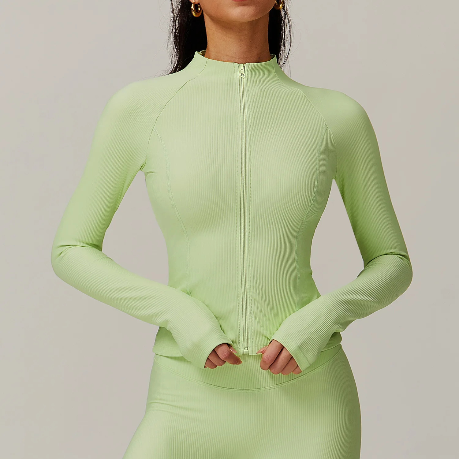 Ribbed Sports Long Sleeved Women Slim Yoga Clothes Quick Dry Zipper Cardigan Stand Up Collar Jacket Running Fitness Jacket Top