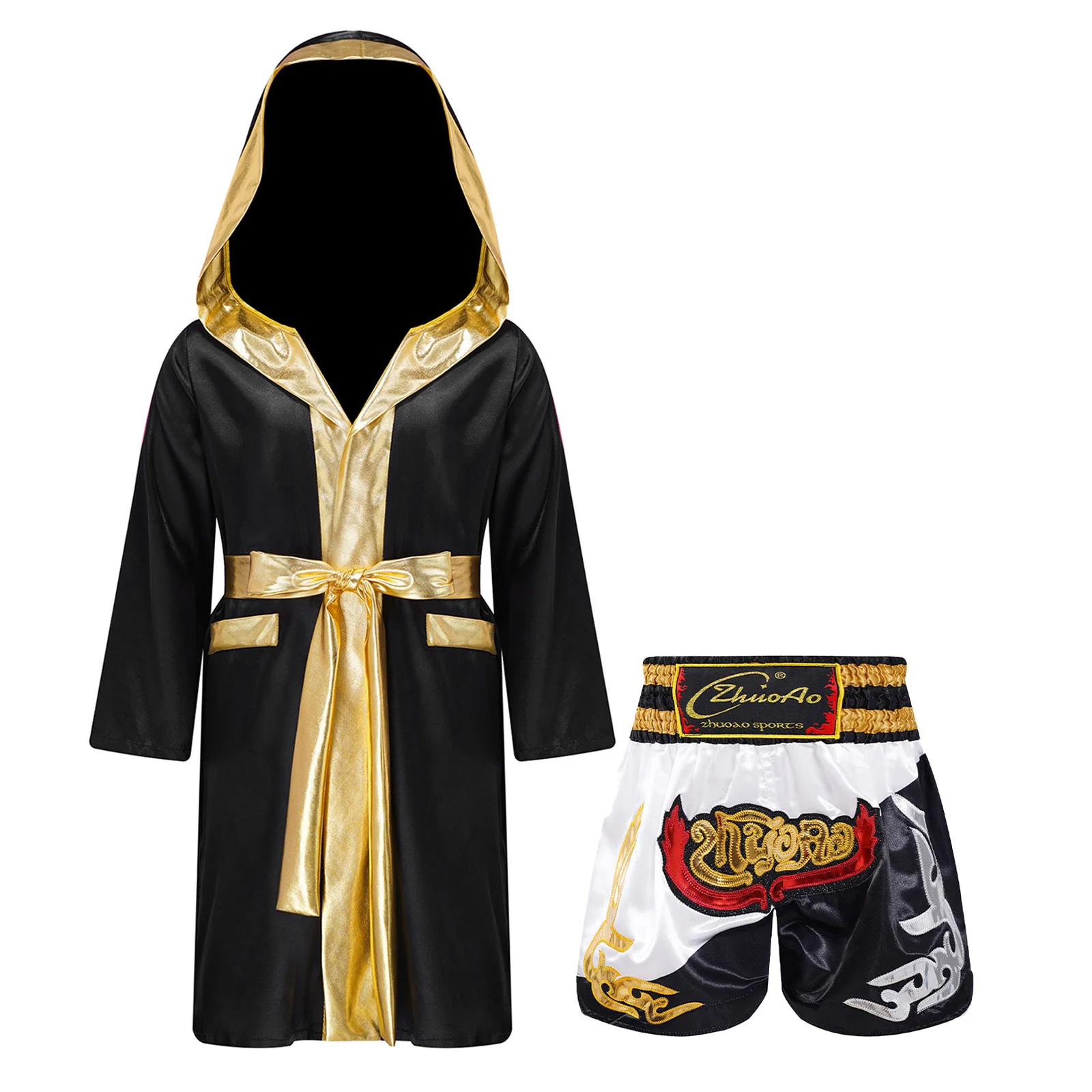 Kids Boys Boxing Outfit Halloween Cosplay Costume Long Sleeve Open Front Robe Satin Hooded Cloak Belt Shorts Roleplay Sets superhero cosplay costume kids cosplay costume