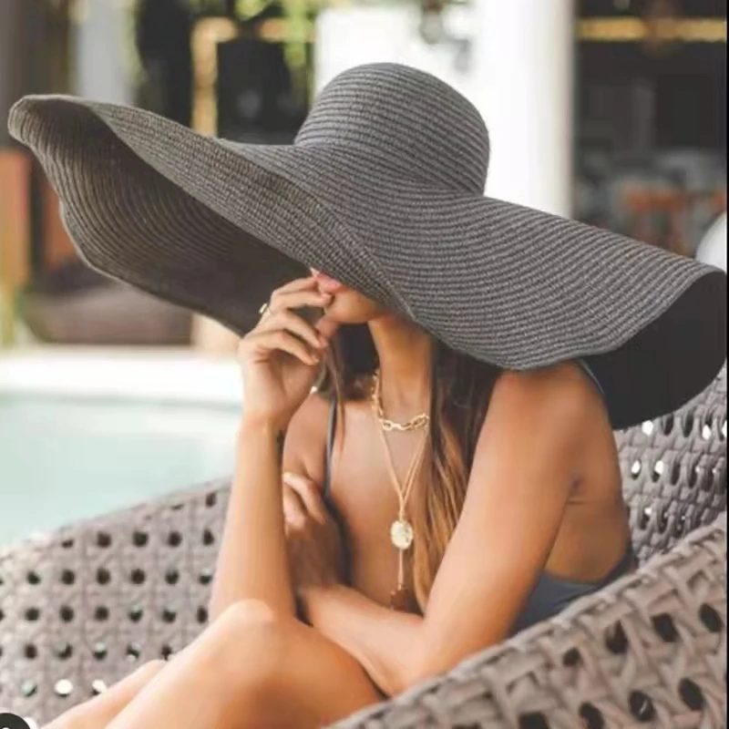 de sol plegable de ala ancha para mujer, sombrero de paja de gran tamaño con protección UV para vacaciones en la playa, de 25cm, venta al por mayor|Sombreros de sol