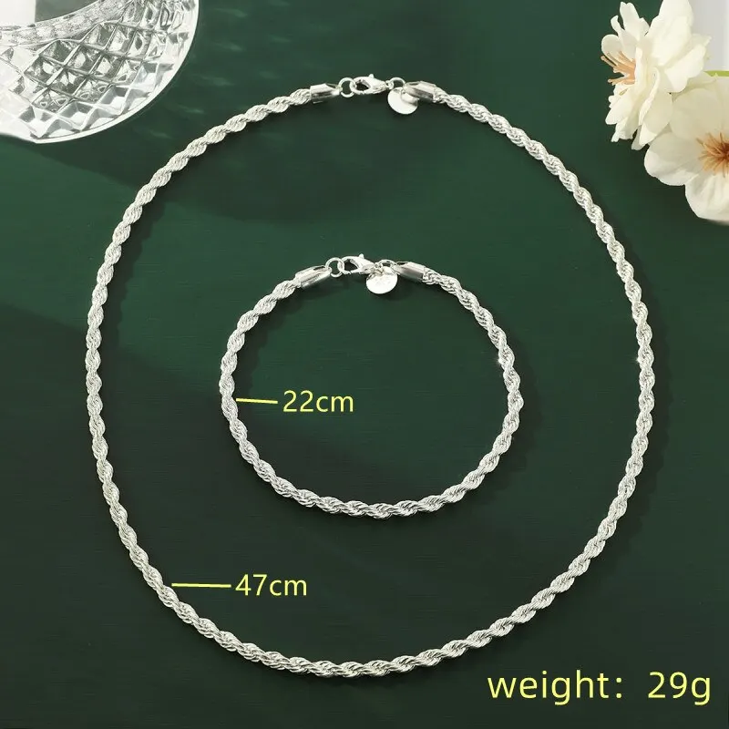 Jewelry Set Men Bracelet Chain Necklace 2pcs Silver Plated Necklace Bracelet For Men And Women Simple Hip Hop Style 4mm Twisted Twist Rope Iron Chain With Copper Lobste