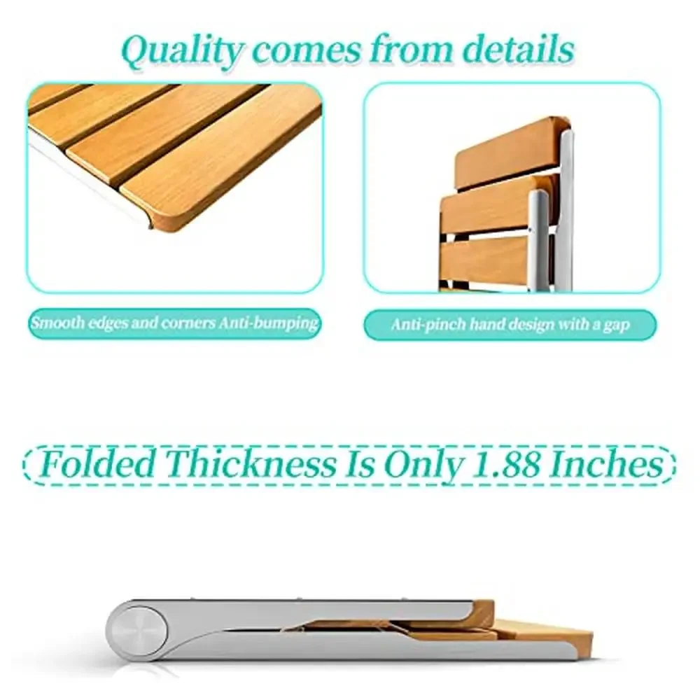 Fold Down Folding Shower Seat Bench Wall Mounted Red Oak 440lbs Home Care Sauna Elderly Disabled Pregnant Women Adults Easy 3