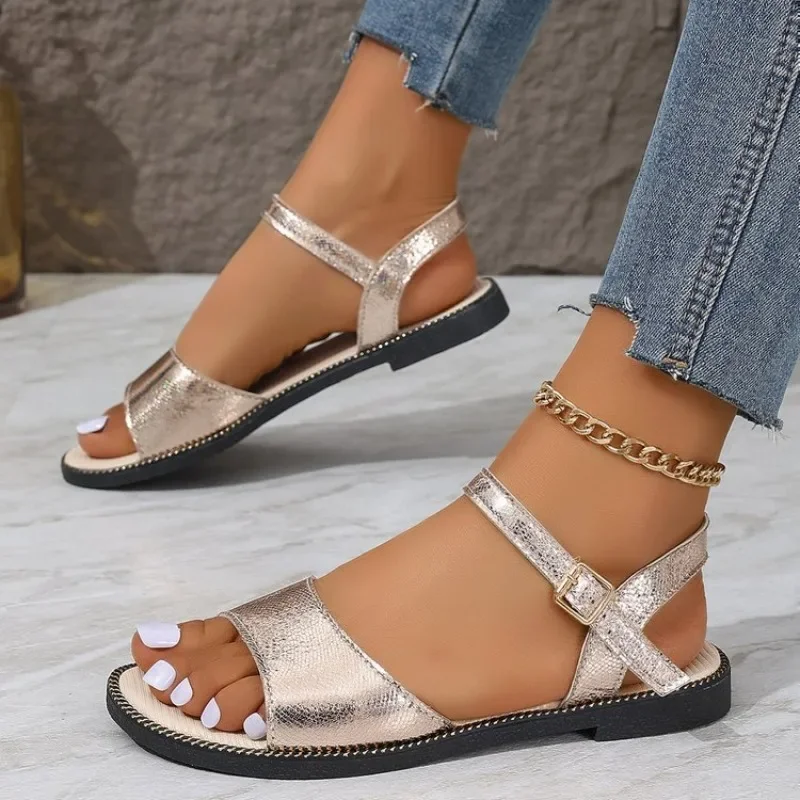 

Сандалии женские на плоской подошве, модные туфли с блестками, Роскошные блестящие, летние