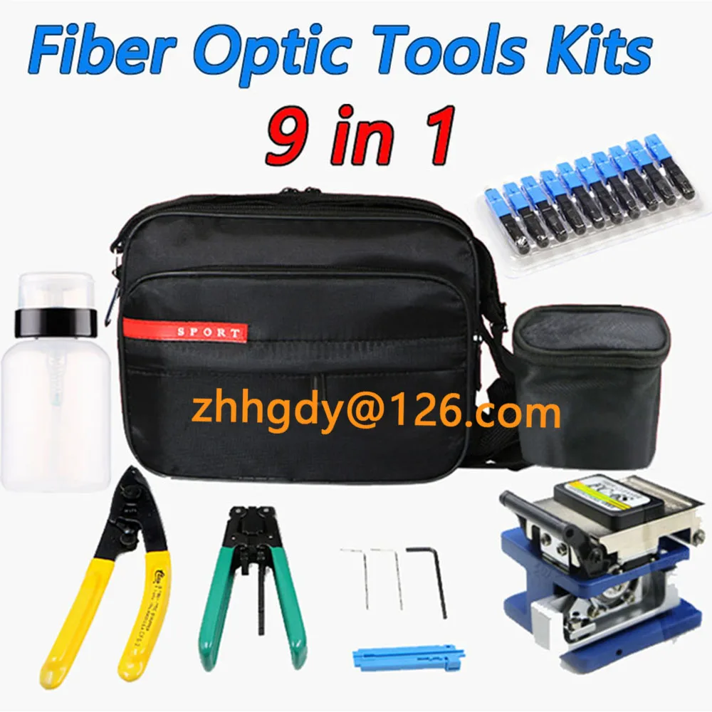 Fiber Optic Tools Kits 9 in 1 FTTH Fiber Optic Tool Bag +Fiber Stripper+ fc-6s Fiber Cleaver+ Miller+10PCS SC UPC Fast Connector cable connector wire twisting tool stripper twister line for power drill drivers