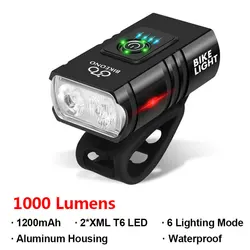 USB Rechargeable 1000LM LED Bike Headlight - Aluminum Alloy Bicycle Flashlight with High/Low Beam (T6 LED)
