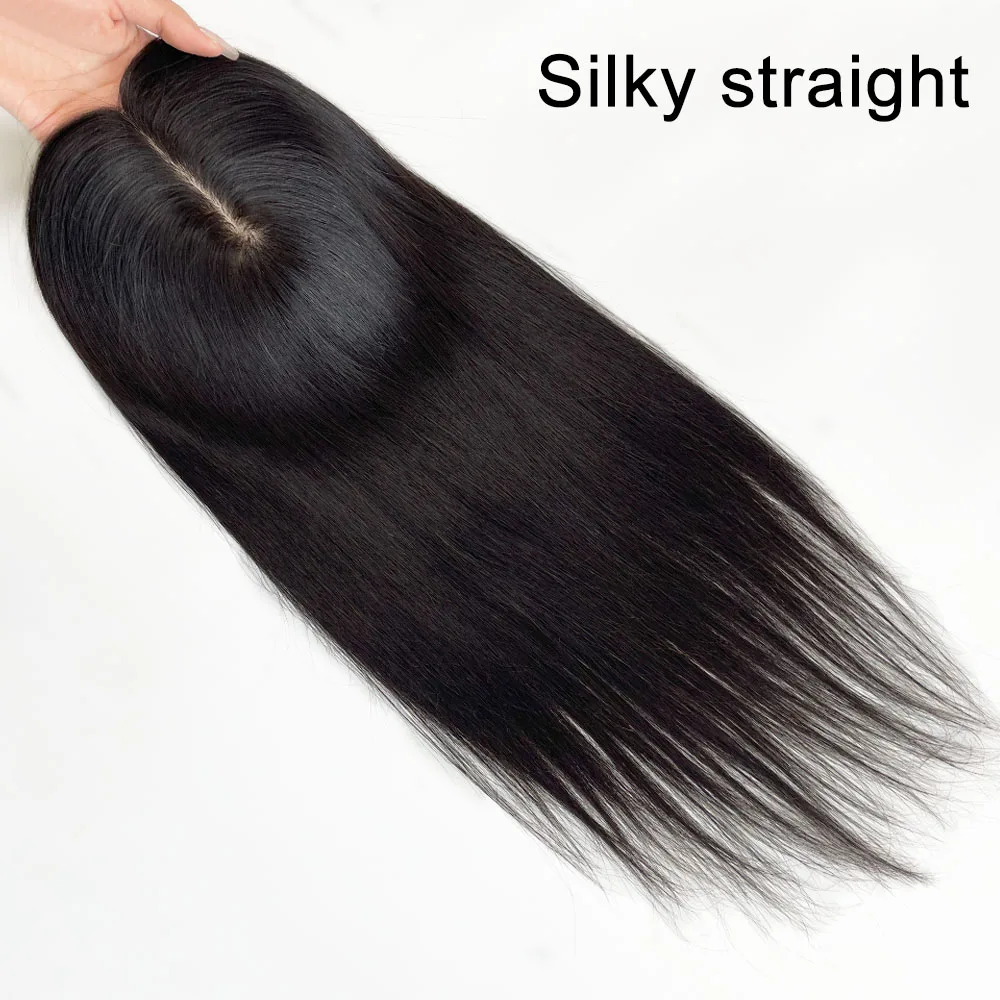 Topper per capelli umani con base in seta, capelli Remy europei lisci, completamente annodati a mano, morbidi e traspiranti, con clip per donna - immagine 5
