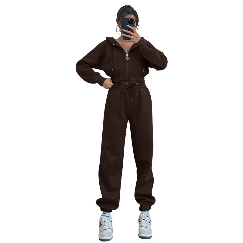 Autumn and Winter New Women's Fashion Casual Sports Hoodie Zipper Hoodie Waist Top Strap Elastic Trousers Ladies Two-piece Suit