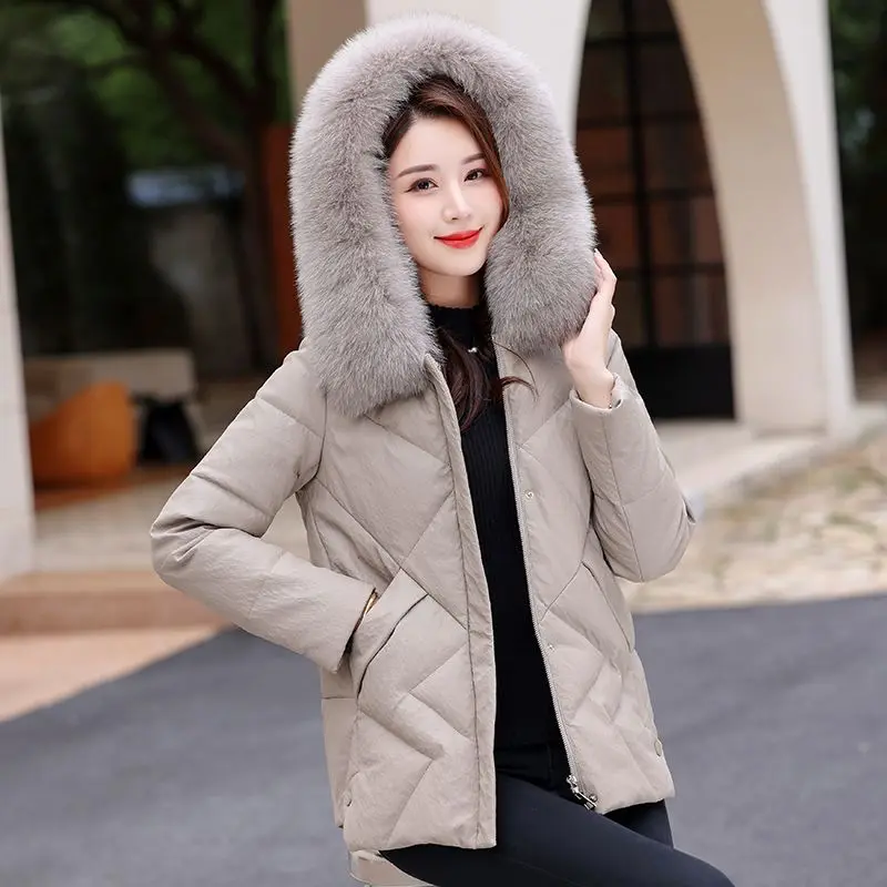 2023 Winter New Sheepskin Down Jacket Women Short Fox Fur Collar Thick Warm Leather Coat Female Fashion Slim fit Hooded Outwear