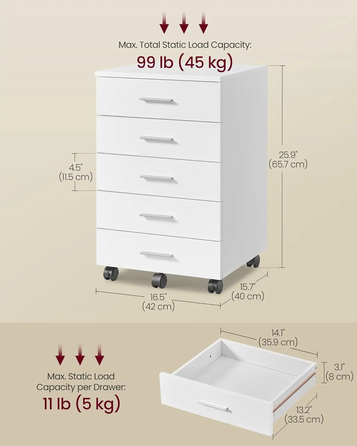 File Cabinet, Mobile Pedestal Filing Cabinet with Wheels, Printer Stand with 5 Drawers, Tool-Free Sliding Rails
