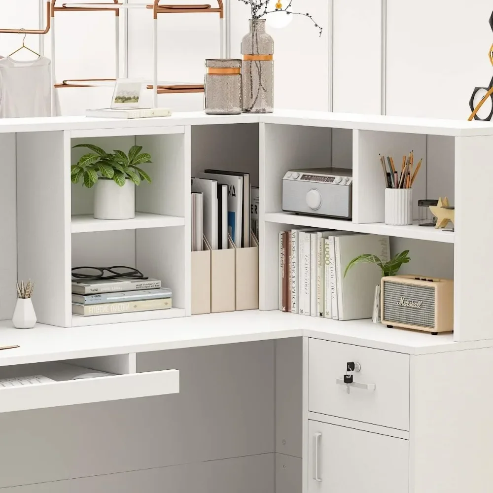 Reception Desk L-Shaped Office Desk with Counter, 1 Door Storage Cabinet, 1 Lockable Drawer, Hutch Shelf & Keyboard Tray