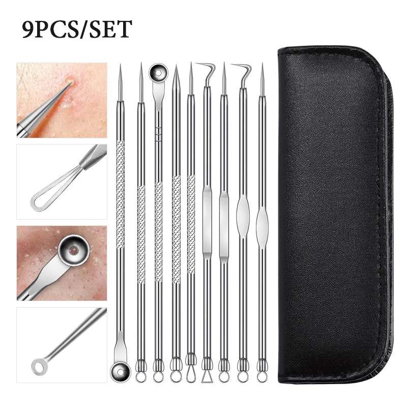 9pcs Stainless Acne Needle Blackhead and Pimple Remover Face Care Comedone Extractor Head Remover Tool Sets Point Clean Black
