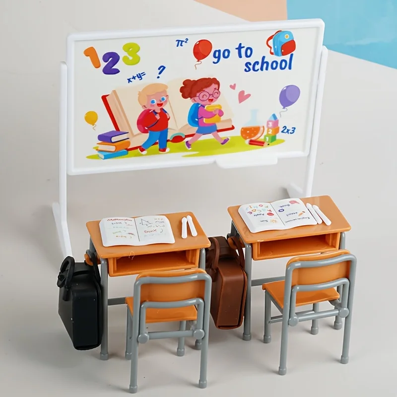 13pcs Miniature Classroom Dollhouse Set with Plastic Desks & Chairs Mini Books Teaching Board & Backpacks Role-Play Collections - 5