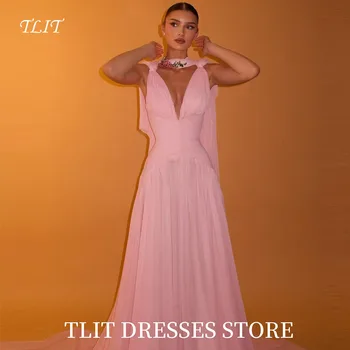 TLIT Simple Baby Pink A-Line Long Evening Dress Saudi Arabic Women V-Neck Formal Party Gown Silk Chiffon Customized Dress 1