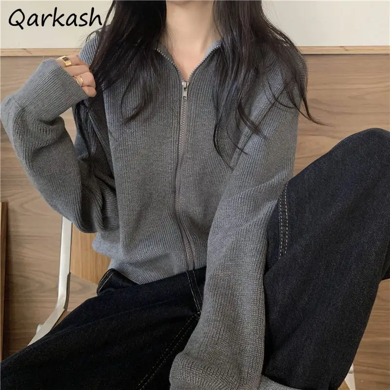 

Soft Autumn Cardigans Women Leisure Pure Knitted Stand Collar Zip Designed Harajuku Students All-match Cozy Ulzzang Y2k 4 Colors