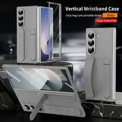 Premium Foldable Wristband Stand Case with Front Glass Protection and PC Plastic Cover for Galaxy Z Fold 7 (Gray)