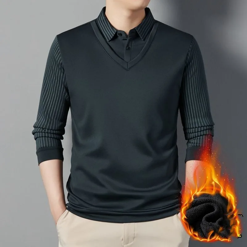 

Men's Autumn Winter Pullover Turn-down Collar Striped Patchwork Solid Button Long Sleeve Undershirt T-shirt Formal Vintage Tops