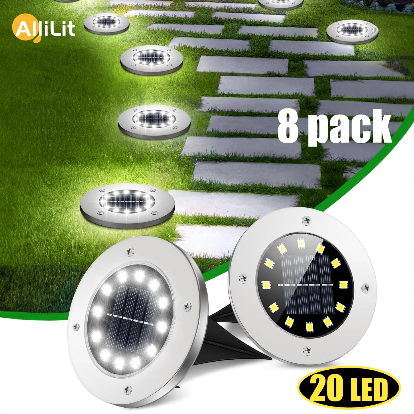 8/20LED Solar Ground Lights Outdoor Waterproof Disk Lights Garden Landscape Lighting for Yard Deck Lawn Patio Pathway Walkway