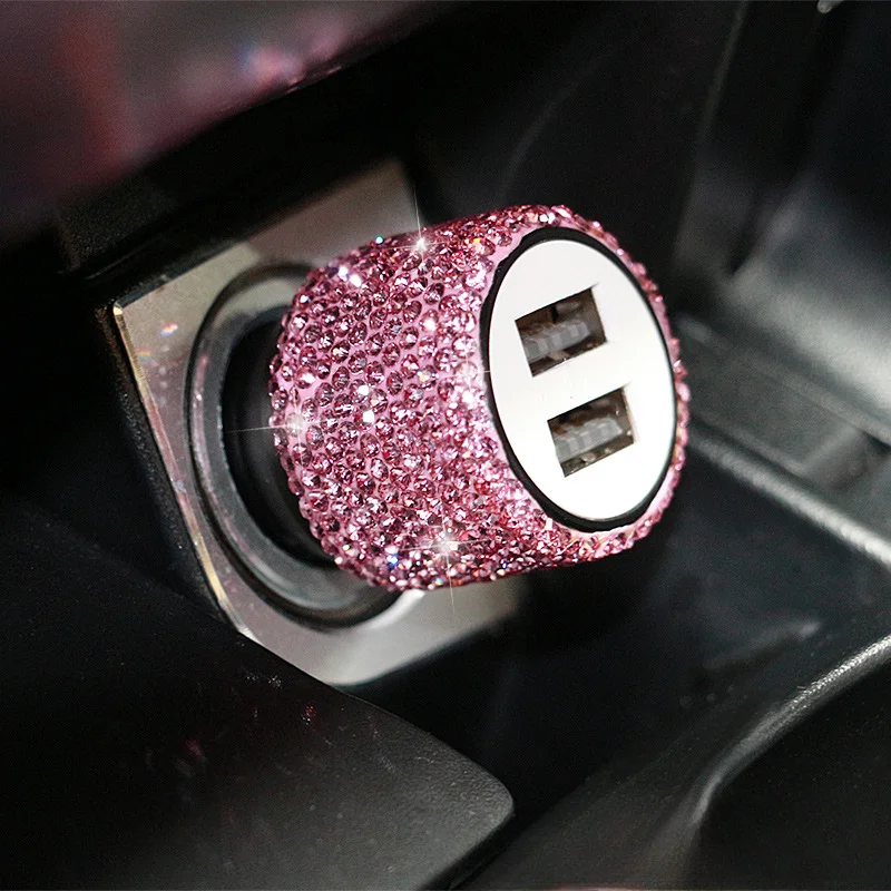 새로운 블링 USB 차량용 충전기 5V 2.1A 듀얼 포트 빠른 어댑터 핑크 자동차 장식 자동차 스타일링 다이아몬드 자동차 액세서리 인테리어 여성을위한