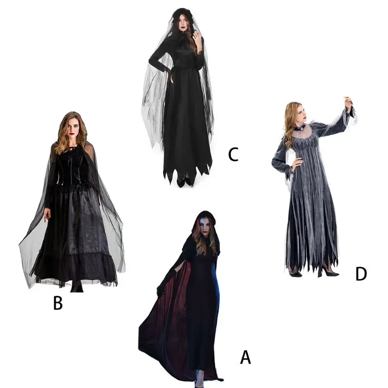 

Q0KE женское черное платье ведьмы на Хэллоуин, призрак невесты, косплей для костюма вампира, наряд