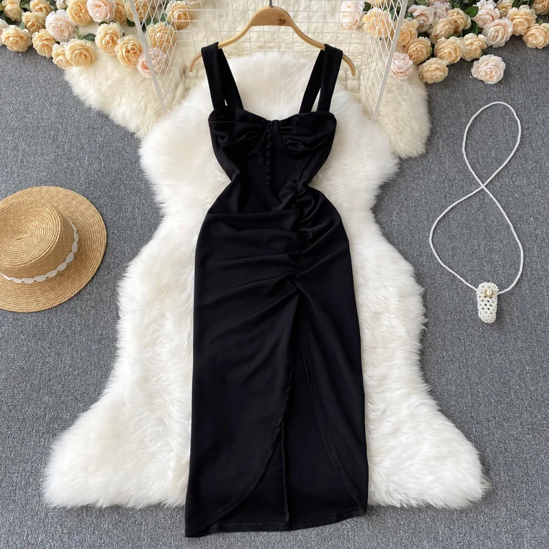 

Черное сексуальное облегающее женское платье Foamlina, элегантное тонкое платье на бретелях-спагетти с квадратным вырезом, без рукавов, с рюшами