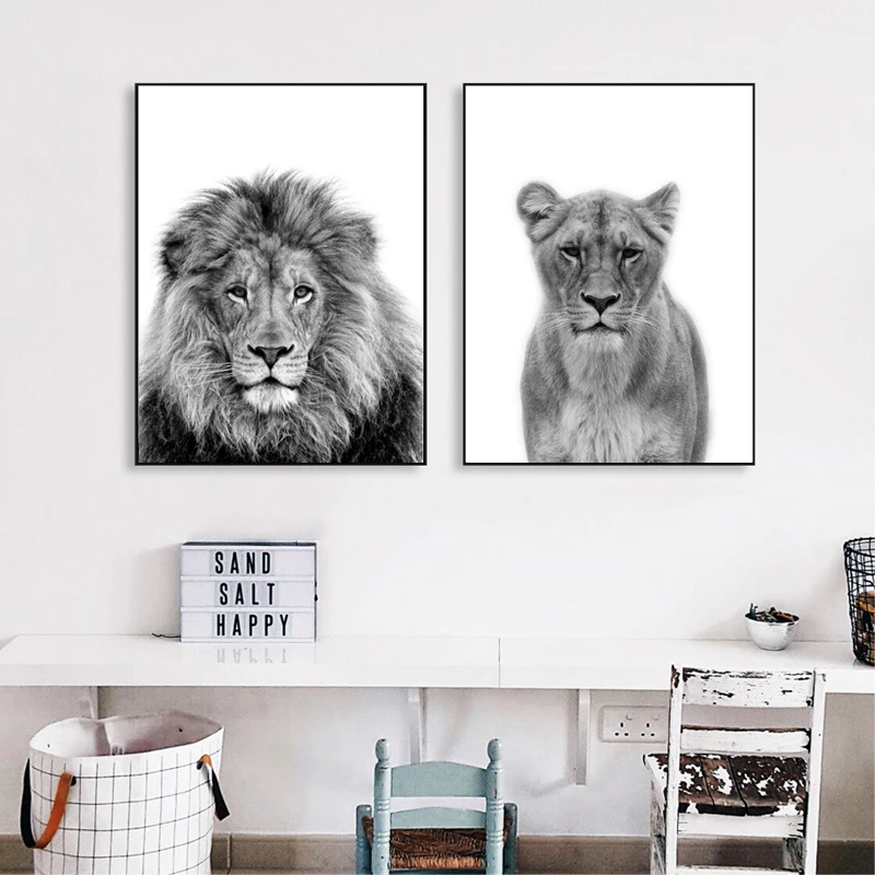Lion And Lioness Poster Print Black And White Animal ArtA5 A4 A3 A2 A1