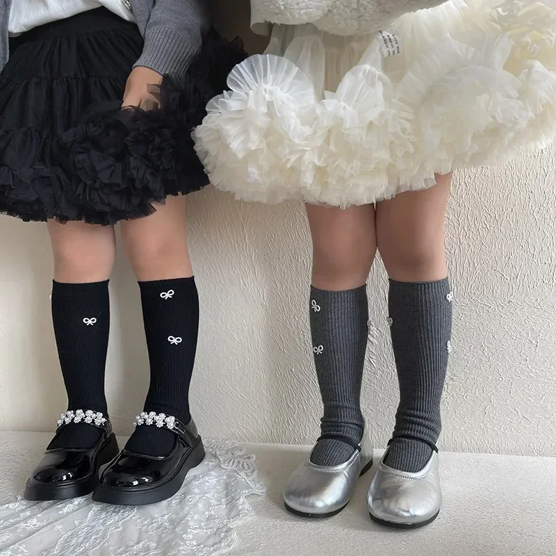 Kids Girls Pearl White Bow Sock Simple Korean Bow New Calf Knee High Long Sock for Children Spring Autumn Cotton School Sock