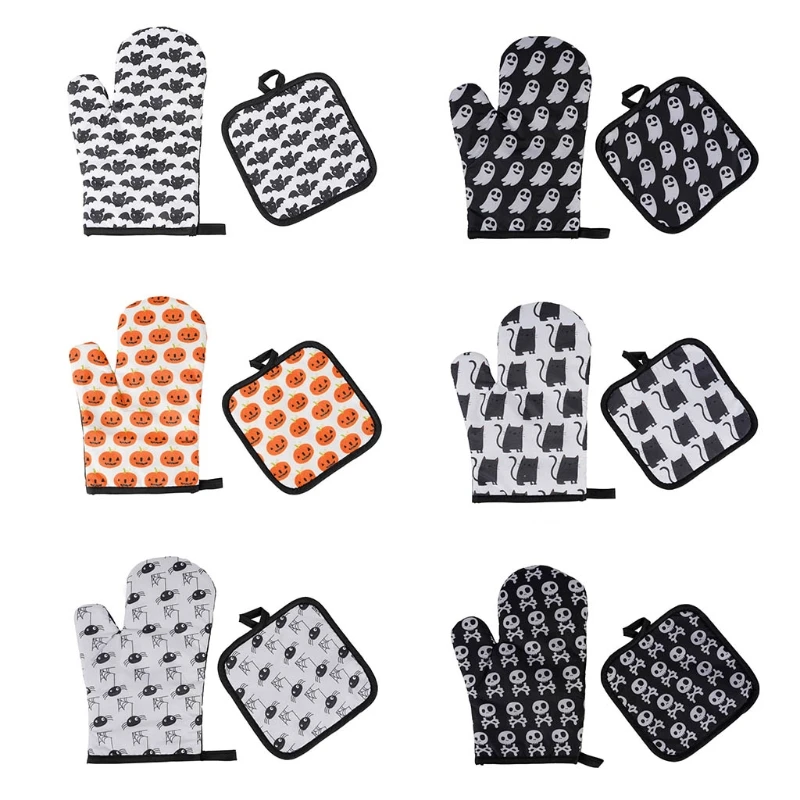Heat Resistant Oven Mitts Pot Holders Halloween Style with Non-Slip Surface Safe for Baking Cooking Barbecue for Kitchen B03E
