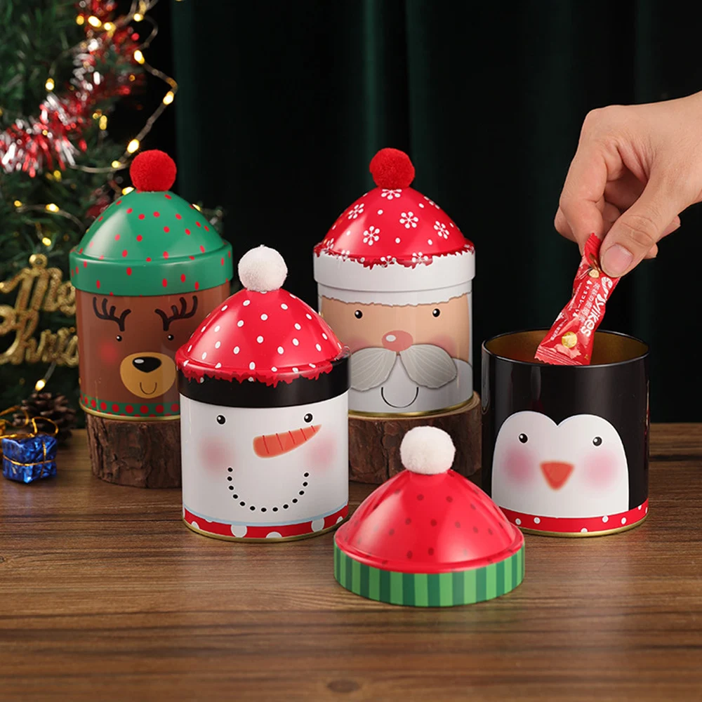 Christmas Cute Candy Box Santa Claus Elk Snowman Storage Jar Gift Wrap Personality Santa Hat Iron Box
