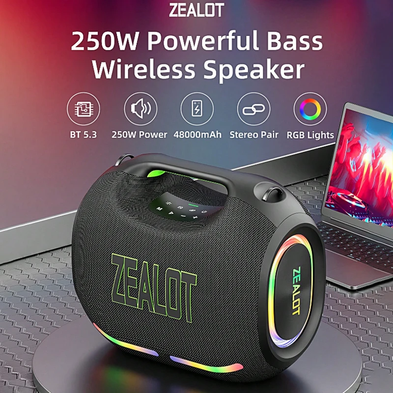 ZEALOT ZE21 250W Wireless Speaker, Outdoor Portable, 48000mAh Long